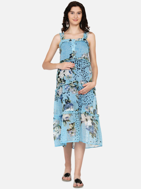 

Mine4Nine Turquoise Blue & Black Floral Printed Chiffon Maternity Midi Dress