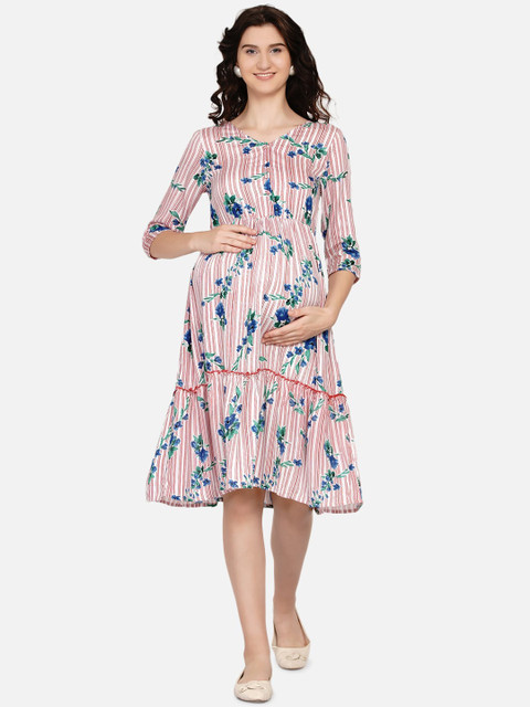 

Mine4Nine Pink & Blue Floral Striped Maternity A-Line Dress
