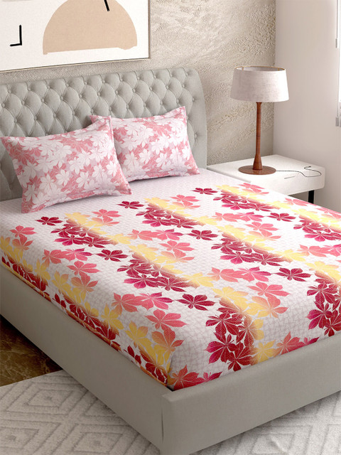 

EverHOME White & Pink Floral 210 TC King Bedsheet with 2 Pillow Covers