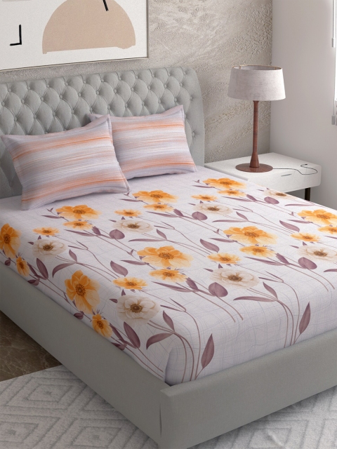 

EverHOME White & Orange Floral 210 TC King Bedsheet with 2 Pillow Covers