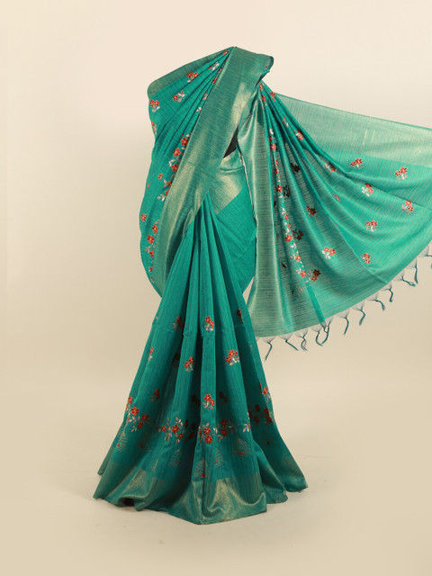 

Pothys Sea Green & Red Floral Embroidered Jute Silk Saree