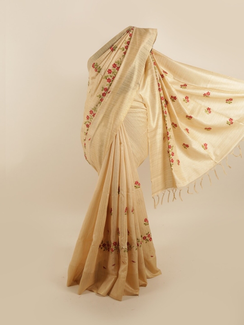 

Pothys Cream-Coloured & Red Floral Zari Jute Silk Saree