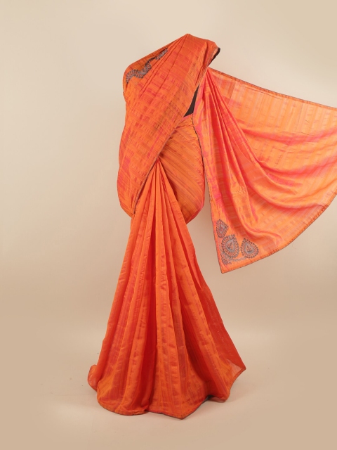 

Pothys Orange & Grey Striped Silk Blend Saree