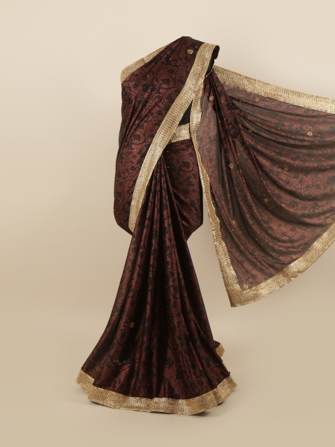 

Pothys Brown & Gold-Toned Floral Zari Silk Blend Saree