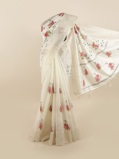 

Pothys White & Red Floral Zari Jute Silk Saree