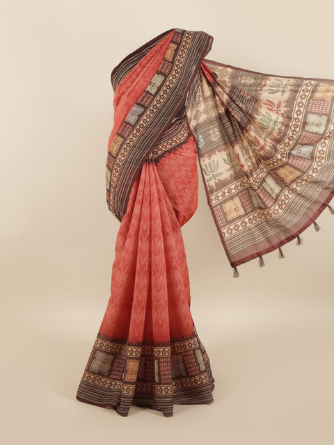 

Pothys Peach-Coloured & Grey Printed Saree