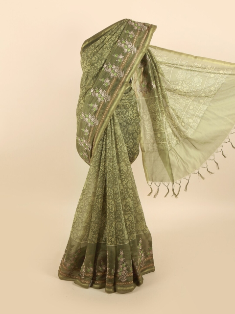

Pothys Green & Brown Ethnic Motifs Embroidered Saree
