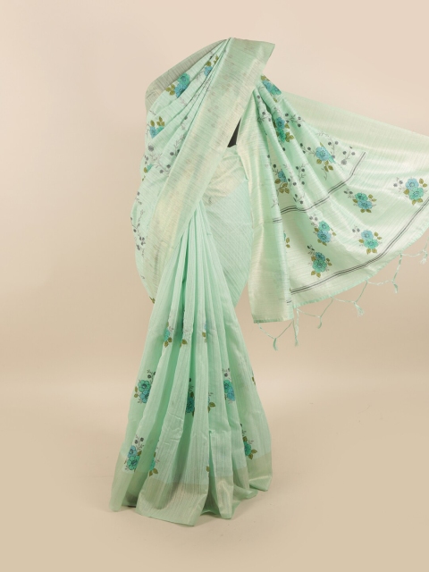 

Pothys Sea Green & Blue Floral Zari Jute Silk Saree