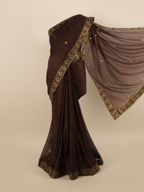 

Pothys Brown & Gold-Toned Embellished Beads and Stones Silk Blend Saree