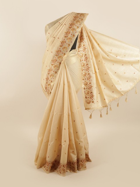 

Pothys Cream-Coloured & Brown Floral Embroidered Jute Silk Saree