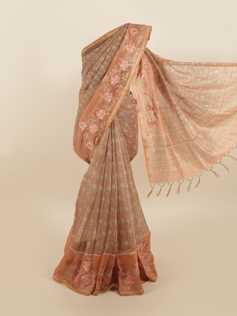 

Pothys Brown & Pink Floral Embroidered Saree