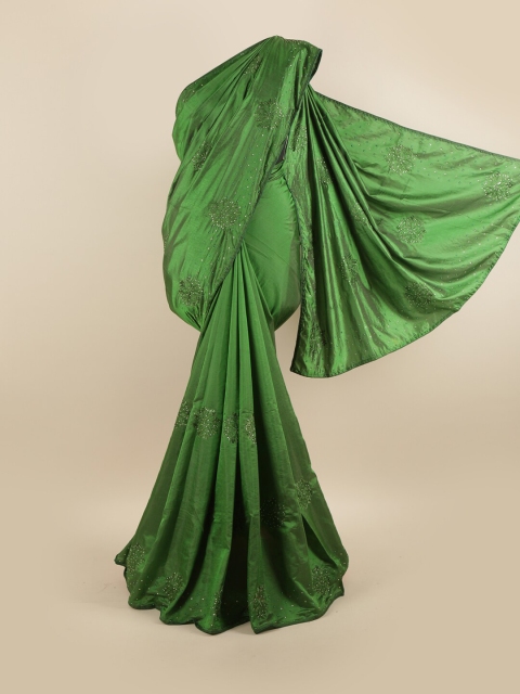 

Pothys Green & Silver-Toned Floral Beads and Stones Silk Blend Saree