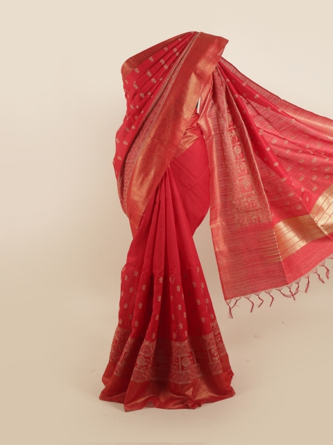 

Pothys Maroon & Gold-Toned Floral Embroidered Jute Silk Saree