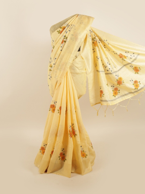 

Pothys Yellow & Green Floral Zari Jute Silk Saree