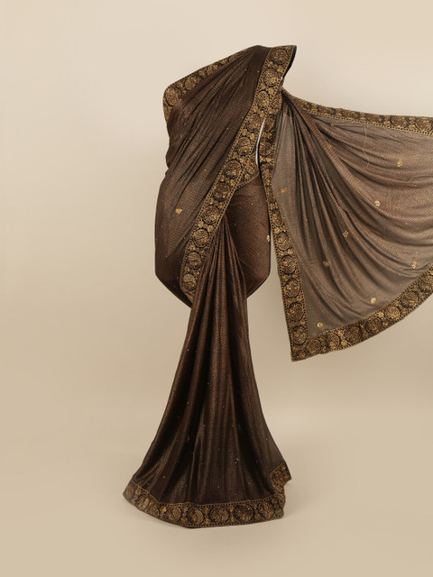 

Pothys Brown & Gold-Toned Ethnic Motifs Embroidered Silk Blend Saree