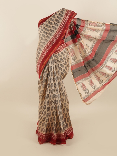 

Pothys Beige & Grey Ethnic Motifs Saree