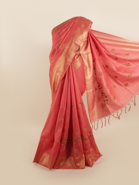 

Pothys Pink & Green Floral Zari Jute Silk Saree