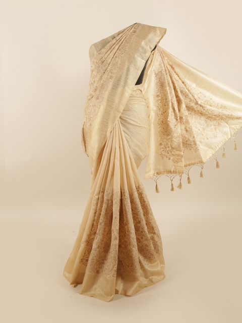 

Pothys Cream-Coloured & Gold-Toned Floral Zari Jute Silk Saree