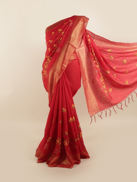 

Pothys Maroon & Yellow Floral Zari Jute Silk Saree