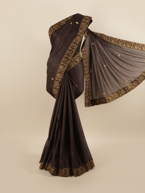 

Pothys Brown & Gold-Toned Ethnic Motifs Embroidered Silk Blend Saree