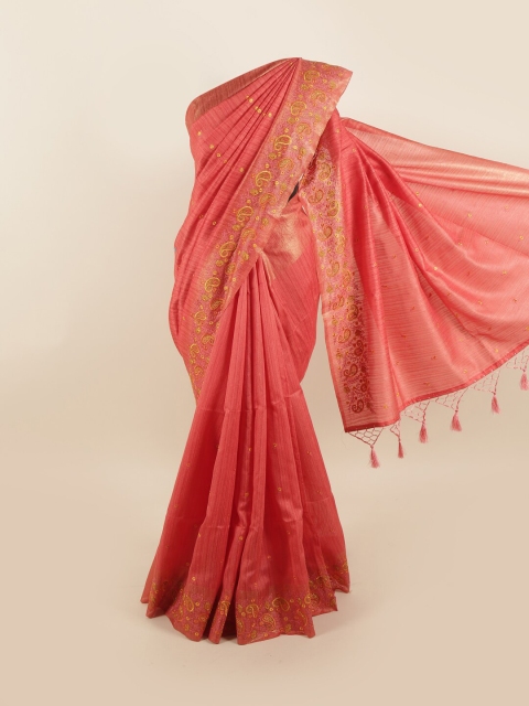 

Pothys Pink & Gold-Toned Floral Embroidered Jute Silk Saree