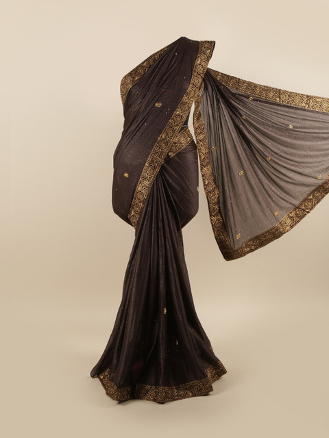 

Pothys Brown & Gold-Toned Ethnic Motifs Embroidered Silk Blend Saree
