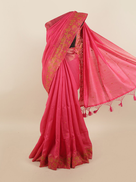 

Pothys Pink & Gold-Toned Ethnic Motifs Zari Jute Silk Saree