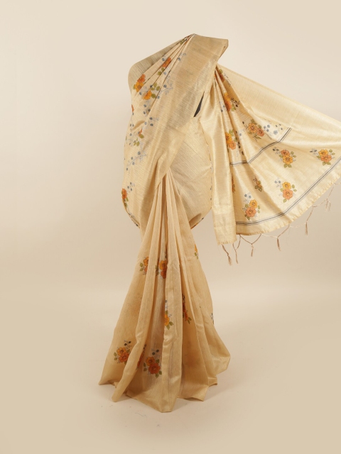 

Pothys Cream-Coloured & Orange Floral Zari Jute Silk Saree
