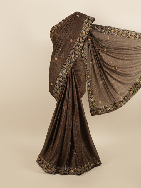 

Pothys Brown & Gold-Toned Ethnic Motifs Embroidered Silk Blend Saree