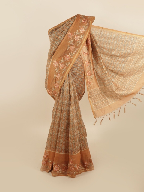 

Pothys Brown & Gold-Toned Floral Embroidered Saree