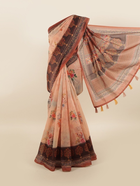 

Pothys Peach-Coloured & Brown Floral Saree