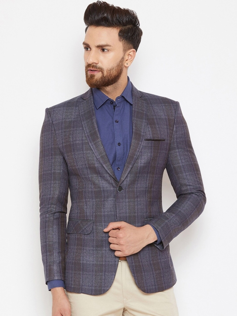 

Canary London Men Grey Checked Slim-Fit Single-Breasted Casual Blazer