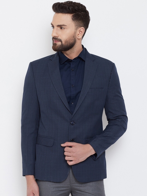 

Canary London Men Navy Blue Checked Single-Breasted Slim-Fit Blazer