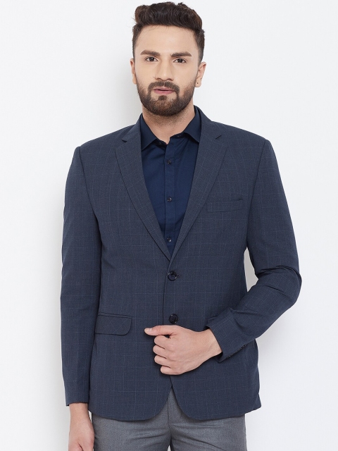 

Canary London Men Navy Blue Checked Slim-Fit Single-Breasted Casual Blazer