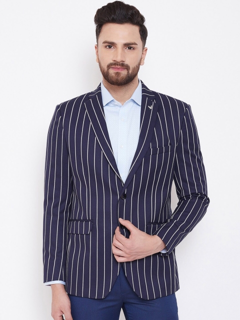 

Canary London Men Navy Blue & White Striped Slim-Fit Single-Breasted Casual Blazer