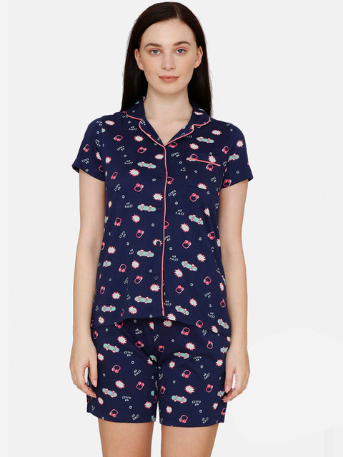 

Zivame Women Blue & Pink Printed Night suit