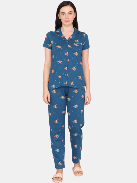 

Zivame Women Blue & Orange Printed Night suit