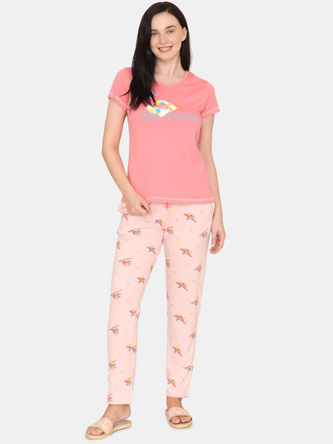 

Zivame Women Pink & Orange Printed Night suit
