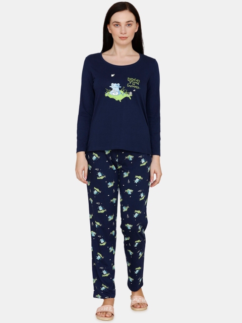

Zivame Women Blue & Green Printed Night suit