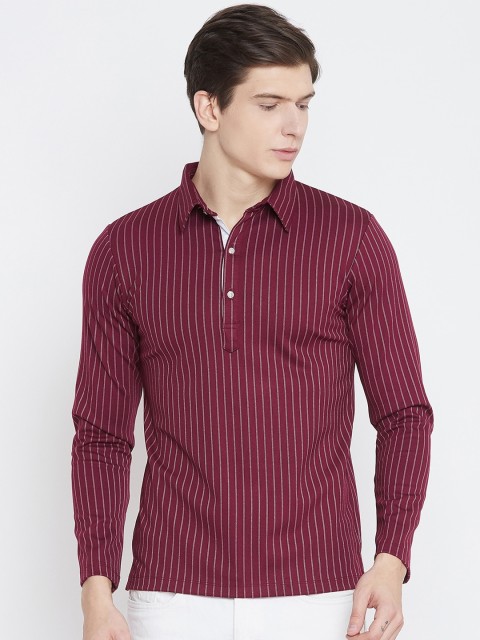 

armure Men Maroon Striped Polo Collar T-shirt