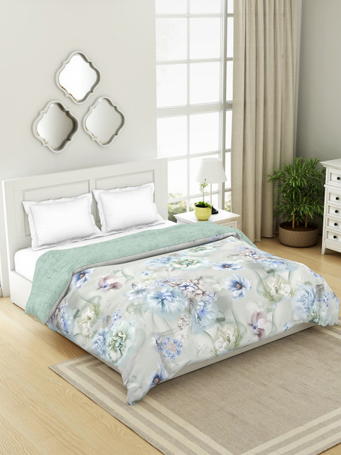 

SPACES Organic Cotton Grey & Turquoise Blue Floral AC Room 210 GSM Cotton Double Bed Quilt