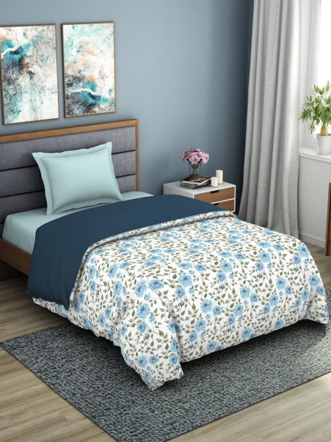 

SPACES White & Blue Floral AC Room 150 GSM Cotton Single Bed Quilt