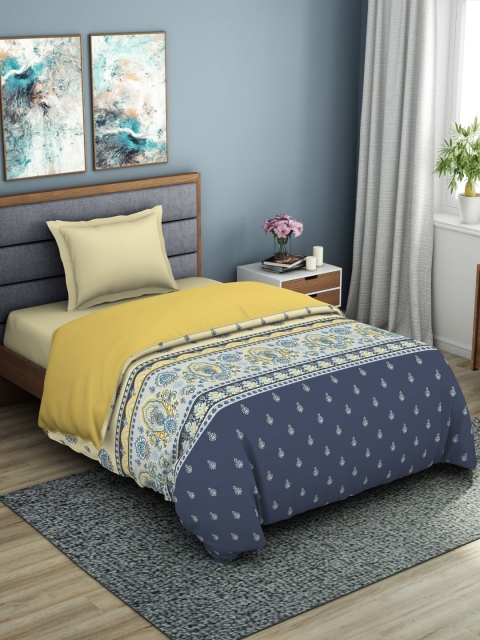 

SPACES Yellow & Navy Blue Ethnic Motifs AC Room 150 GSM Cotton Single Bed Quilt