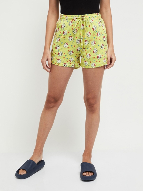 

max Women Lime Green & White Printed Lounge Shorts