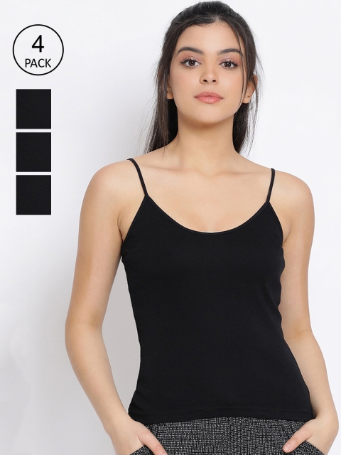 

LYRA Women Pack of 4 Solid Combed Cotton Non-Padded Camisoles, Black