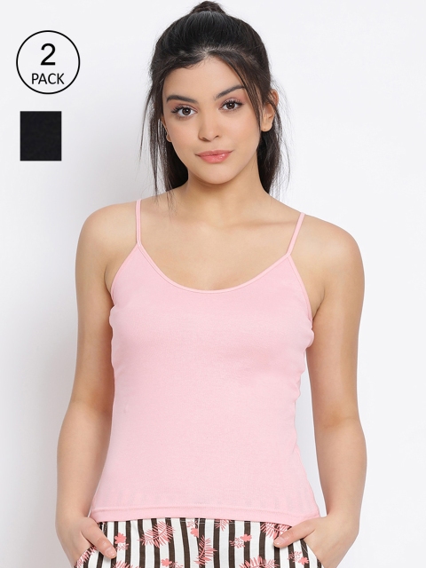 

LYRA Women Pack Of 2 Pink & Black Solid Combed Cotton Camisoles