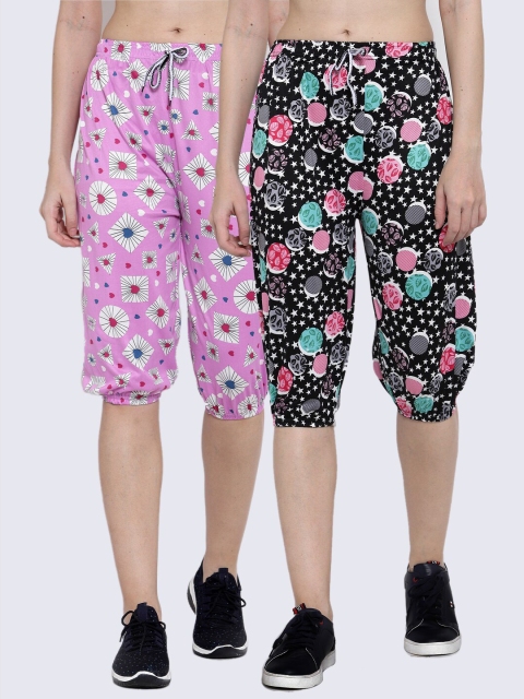 

KLOTTHE Women Pack of 2 Black & Pink Printed Capris