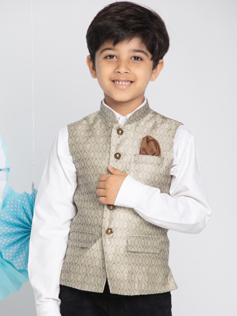 

VASTRAMAY Boys Beige Printed Slim-Fit Nehru Jacket