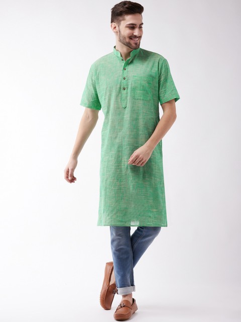 

VASTRAMAY Men Green Thread Work Handloom Kurta