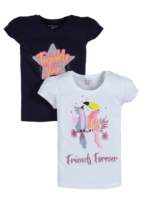 

PLUM TREE Girls Pack Of 2 Pure Cotton T-shirts, Navy blue